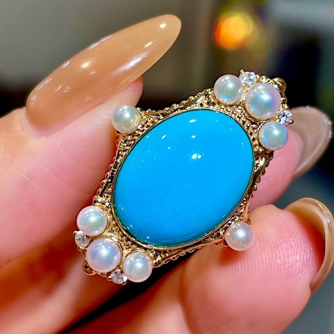 14k Gold 6.76 Ctw Natural Blue Turquoise & Diamond Ring - 2