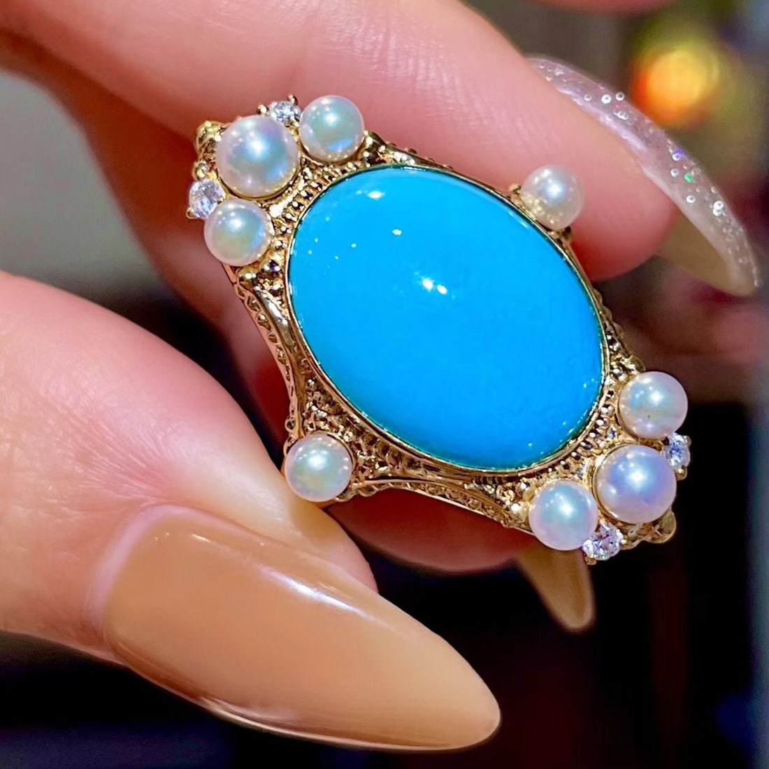 14k Gold 6.76 Ctw Natural Blue Turquoise & Diamond Ring - 3