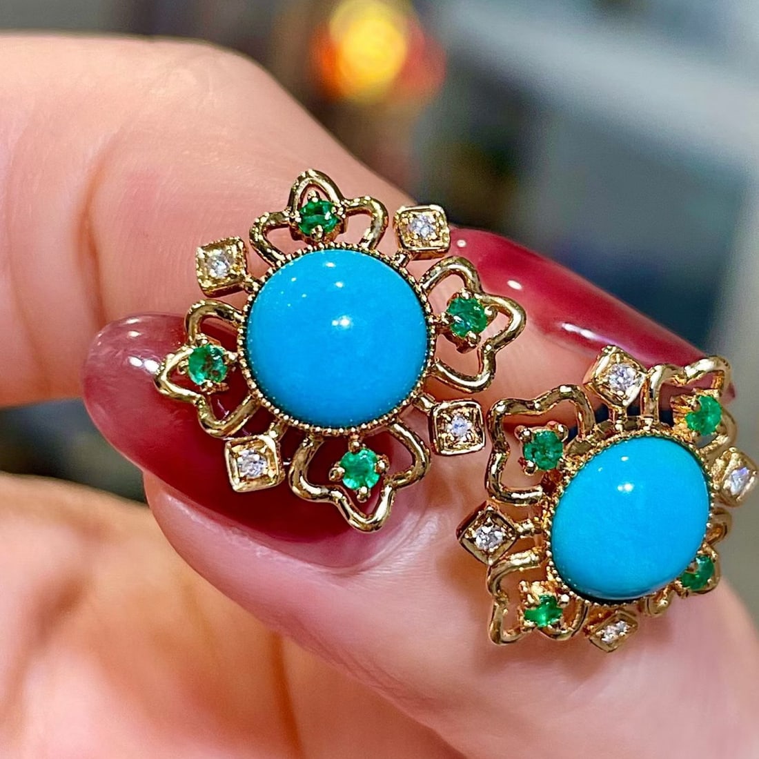 14k Gold 3.77 Ctw Natural Blue Turquoise & Emerald Earrings - 2