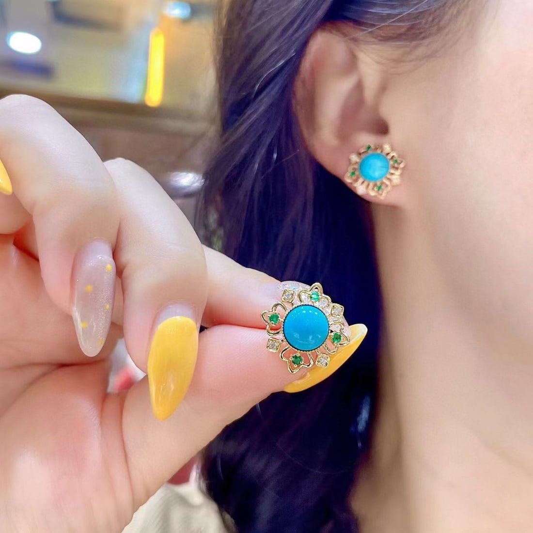 14k Gold 3.77 Ctw Natural Blue Turquoise & Emerald Earrings - 4