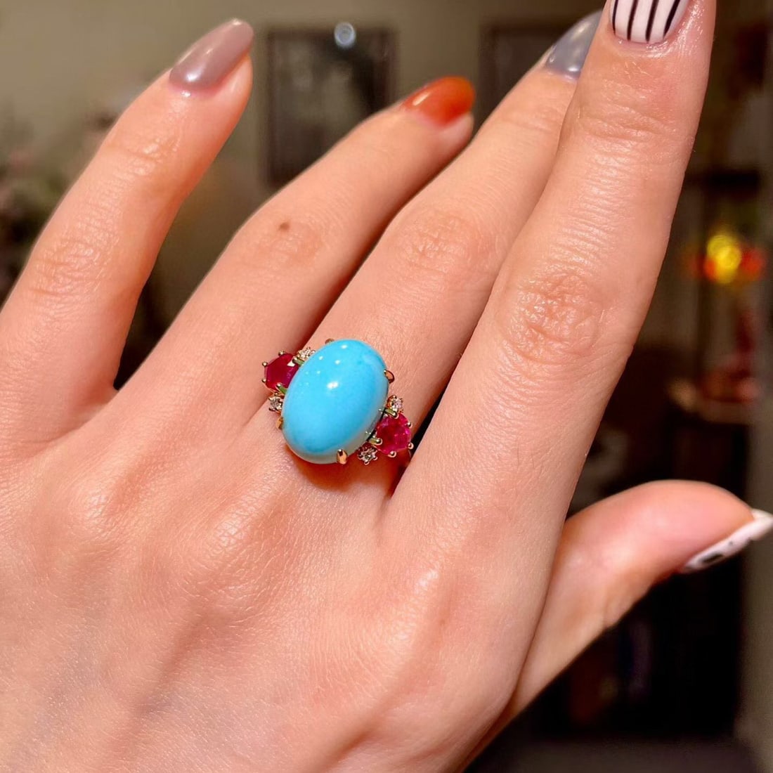 14k Gold 7.85 Ctw Natural Blue Turquoise & Ruby Ring - 4