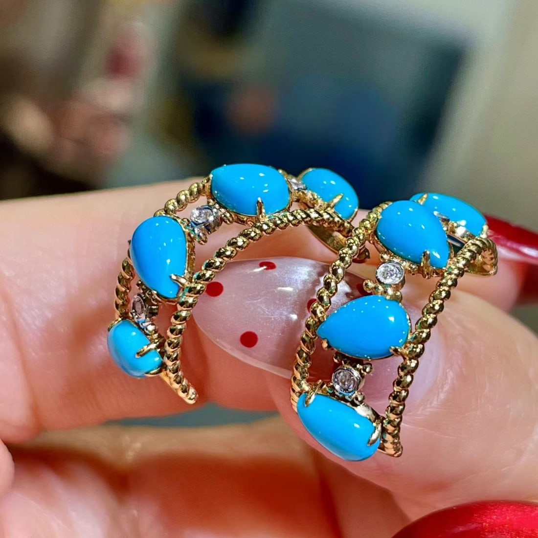 14k Gold 3.30 Ctw Natural Blue Turquoise & Diamond Earrings - 3