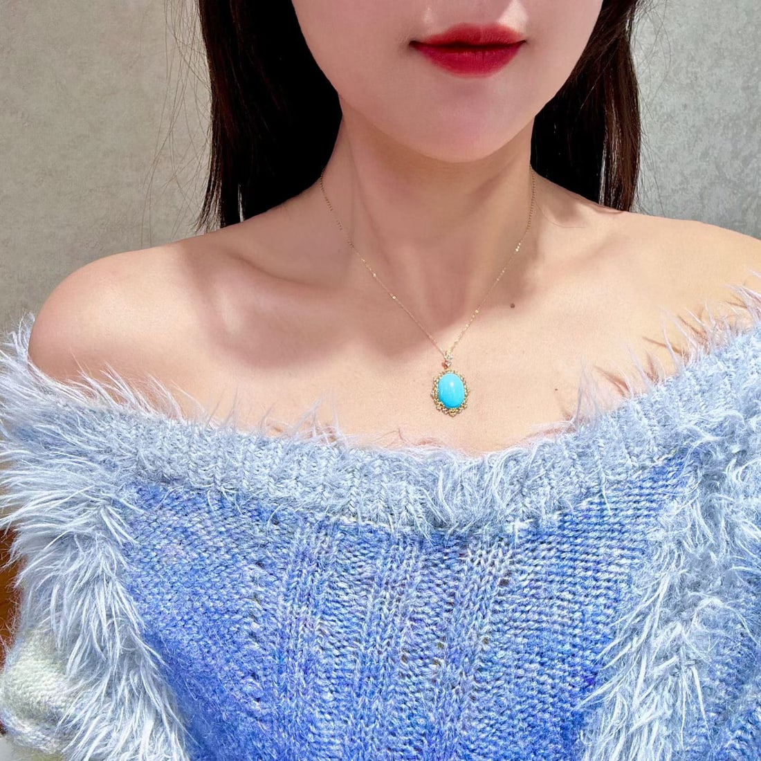 14k Gold 6.29 Ctw Natural Blue Turquoise & Diamond Pendant( Without Chain ) - 4