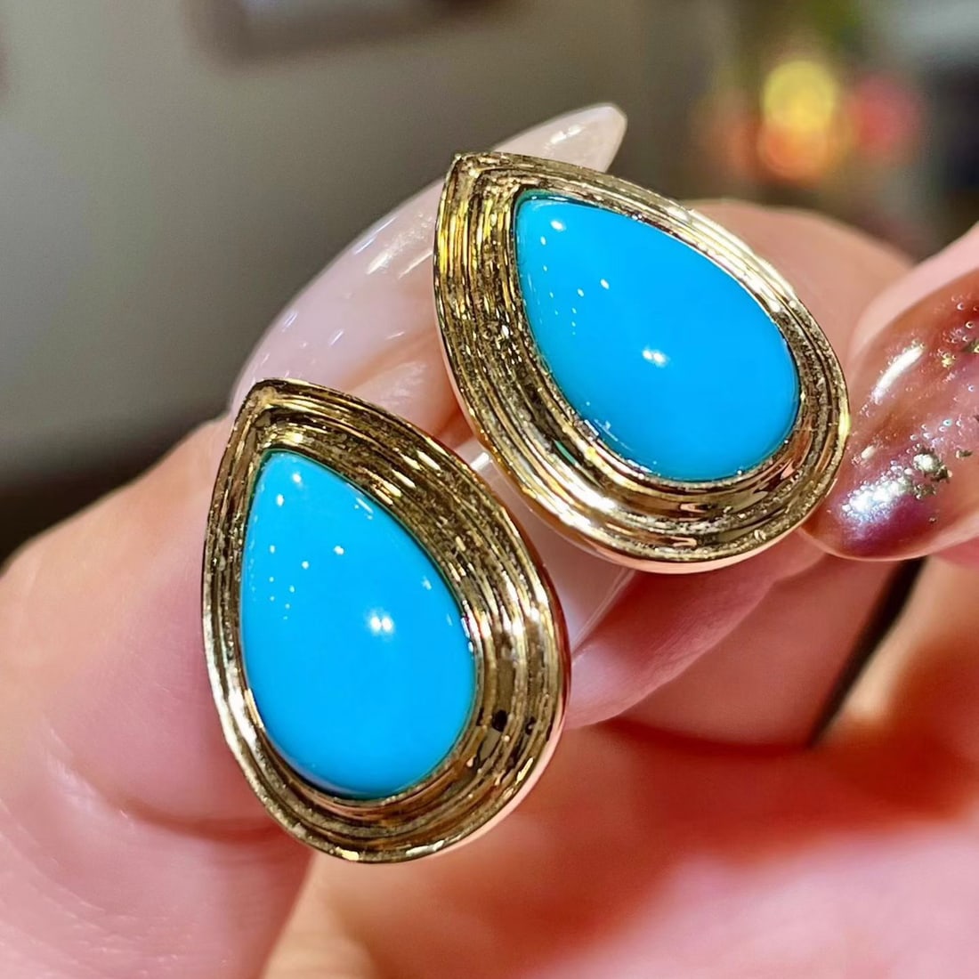 14k Gold 5.86 Ct Natural Blue Turquoise Earrings - 2