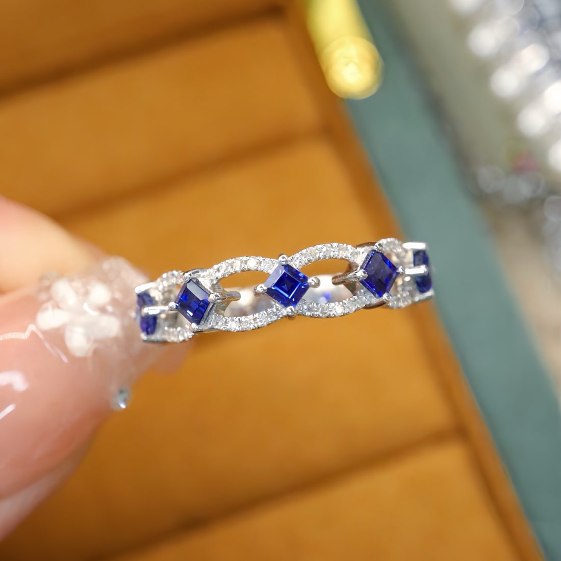 14k Gold 0.88 Ctw Natural Sapphire & Diamond Ring: Ref:231116444 // gold content:14k gold // ring size:7. 25us // // main gemstone:sapphire // shape:square // carat weight:0. 70ct // color:blue // treatment:natural // // adjacent gemstone 2 :