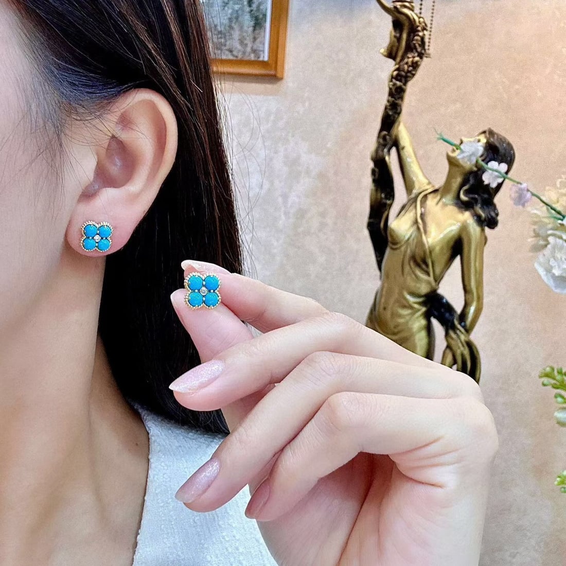 14k Gold 2.35 Ctw Natural Blue Turquoise & Diamond Earrings - 4