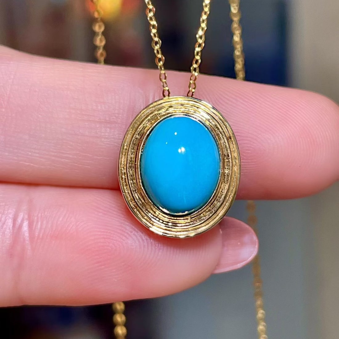 14k Gold 2.69 Ct Natural Blue Turquoise Pendant( Without Chain ): Ref:231116448 // gold content:14k gold // main gemstone:blue turquoise // shape:oval // carat weight:2. 69ct // color:blue // treatment:natural // Condition: NewLow Estimate: 1900.00High Estimate:
