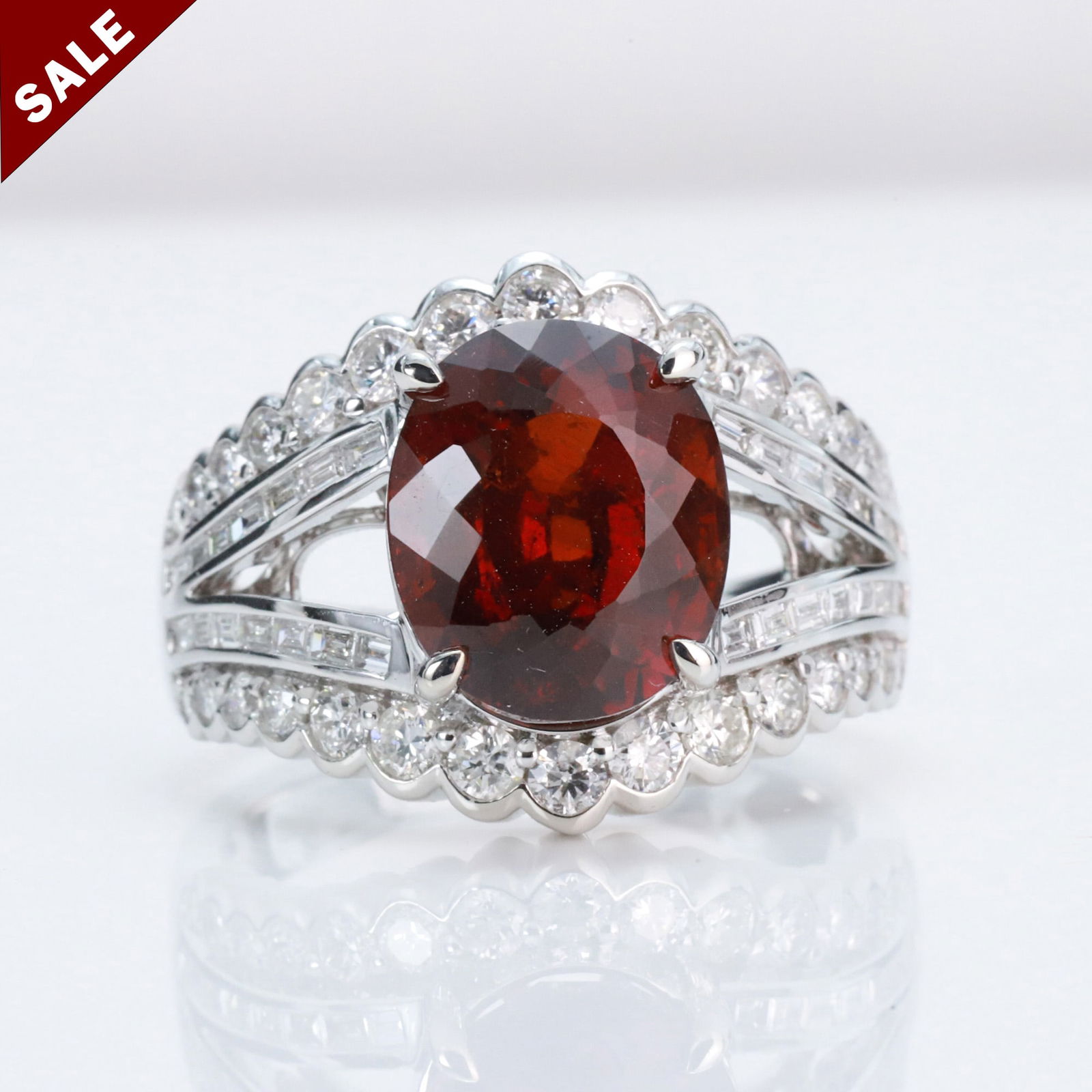 14k Gold 7.12 Ct Natural Spessartine & Diamond Ring: Ref:230794013 // gold content:14k gold // ring size:7. 25us // // main gemstone:spessartine // shape:oval // carat weight:7. 12ct // color:orange // treatment:natural // cut grade:g // // adjacent gem