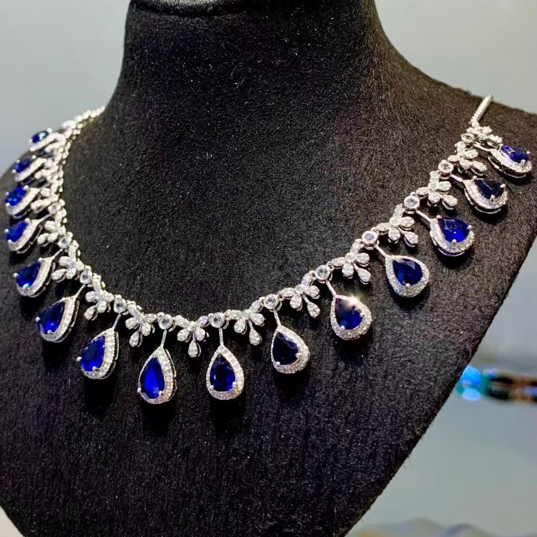 14k Gold 7.2 Ct Natural Sapphire & Diamond Necklace - 6