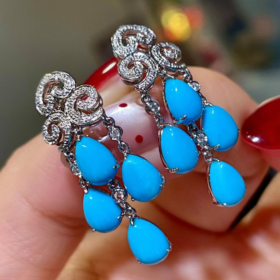 14k Gold 5.82 Ctw Natural Blue Turquoise & Diamond Earrings - 2