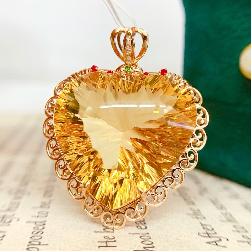 14k Gold 32.9 Ct Natural Citrine & Diamond Pendant( Without Chain ) - 2