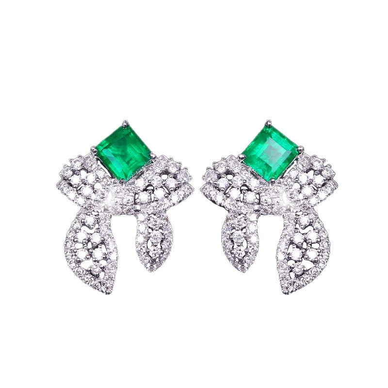 14k Gold 1.20 Ctw Vivid Green Natural Emerald & Diamond Earrings - 2