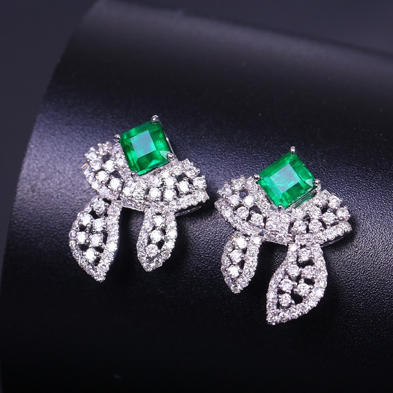 14k Gold 1.20 Ctw Vivid Green Natural Emerald & Diamond Earrings - 5