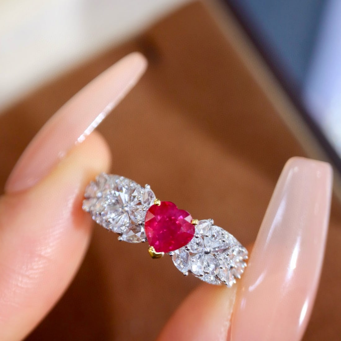 14k Gold 1.14 Ctw Natural Ruby & Diamond Ring: Ref:231107030 // gold content:14k gold // ring size:7. 25us // // main gemstone:ruby // shape:heart // carat weight:0. 67ct // color:red // treatment:natural // // adjacent gemstone 2 : diamond // sha