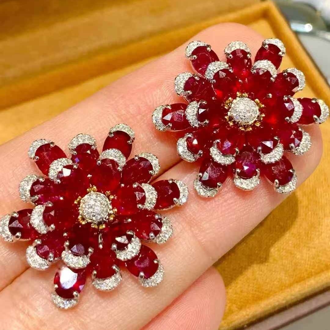 14k Gold 11.25 Ct Natural Ruby & Diamond Earrings - 2