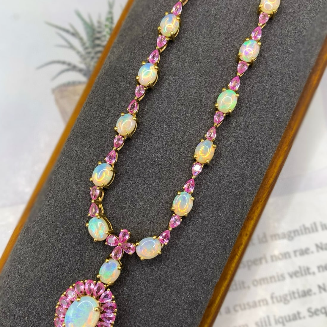 14k Gold 6.45 Ctw Natural Opal & Sapphire Necklace - 2