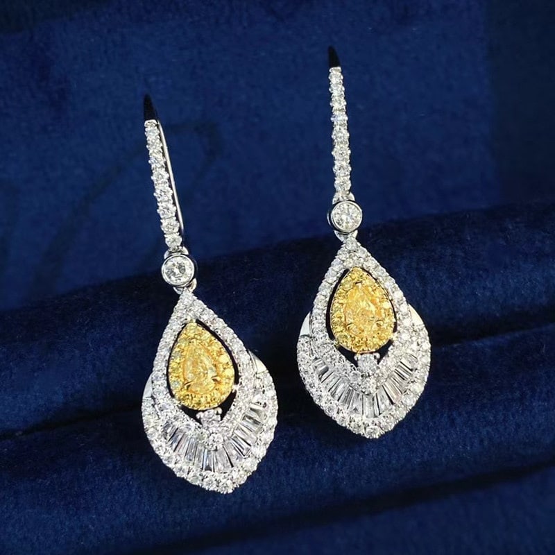 14k Gold 0.88 Ctw Natural Yellow Diamond & Diamond Earrings: Ref:231107035 // gold content:14k gold // main gemstone:yellow diamond // shape:pear // carat weight:0. 2ct // color:yellow // treatment:natural // // adjacent gemstone 2 : diamond //