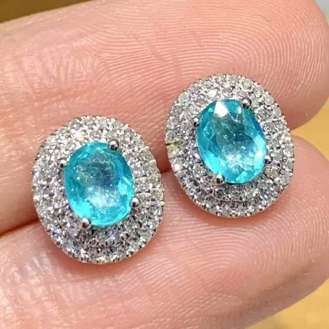 14k Gold 0.8 Ct Natural Paraiba Tourmaline & Diamond Earrings - 2