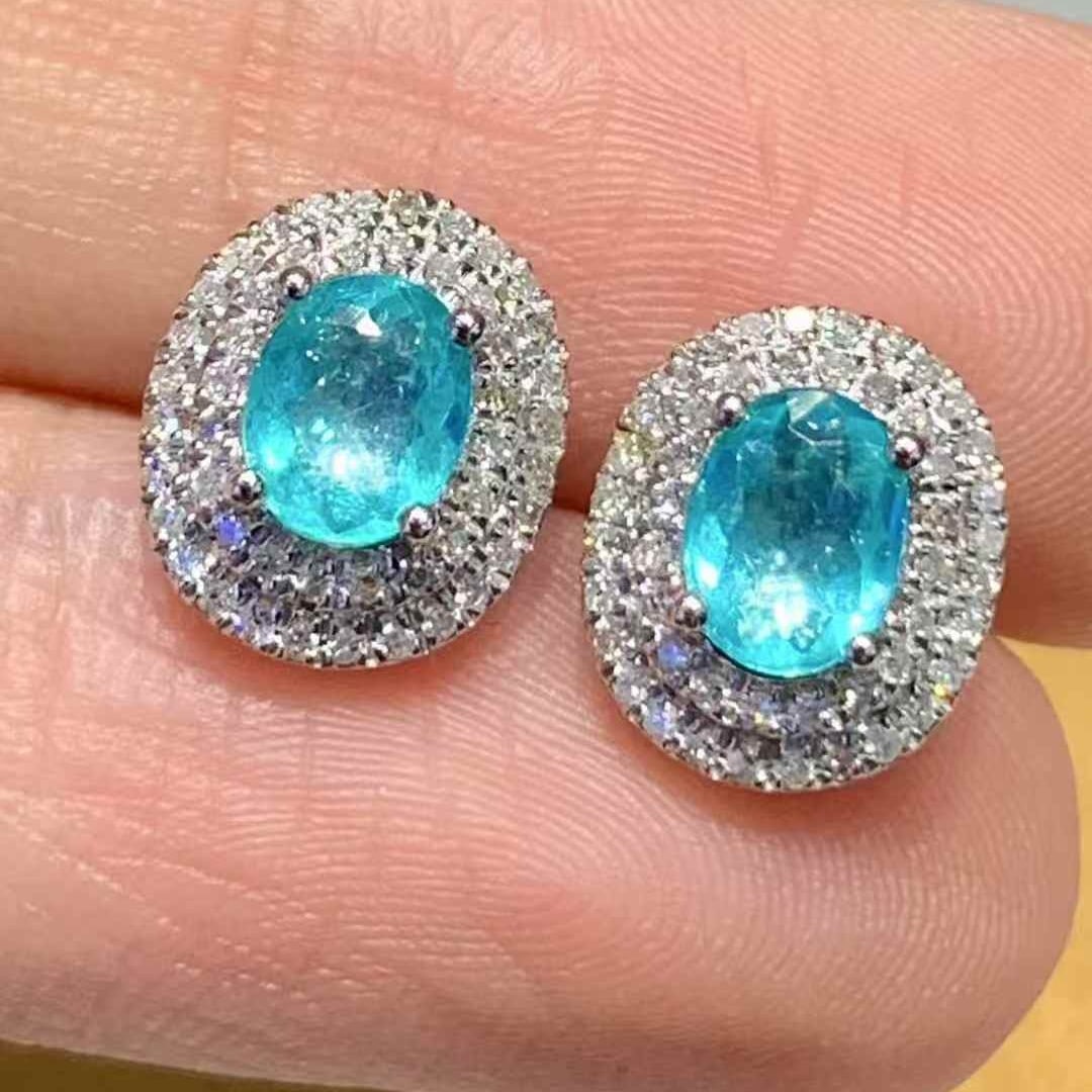 14k Gold 0.8 Ct Natural Paraiba Tourmaline & Diamond Earrings - 3