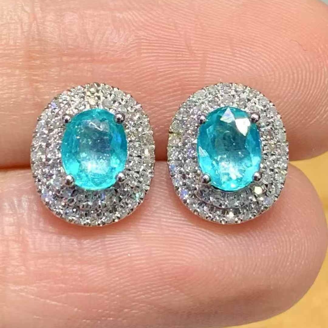 14k Gold 0.8 Ct Natural Paraiba Tourmaline & Diamond Earrings - 5
