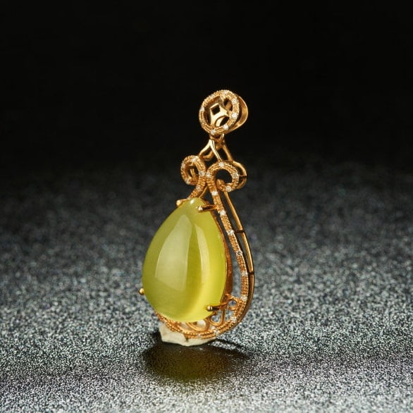 14k Gold 11.4 Ct Natural Prehnite & Diamond Pendant( Without Chain ) - 3