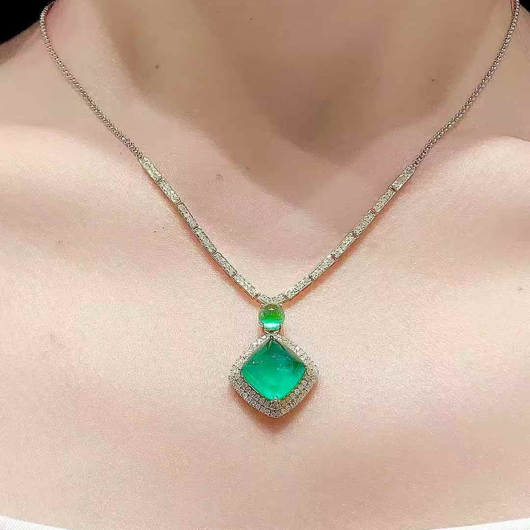 14k Gold 6.8 Ct Natural Emerald & Diamond Necklace - 6