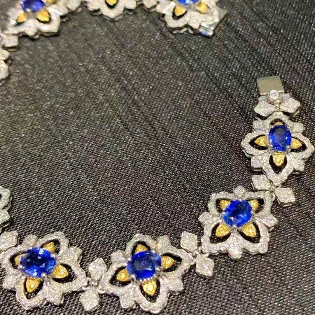 14k Gold 7.2 Ct Natural Sapphire & Diamond Bracelet - 2