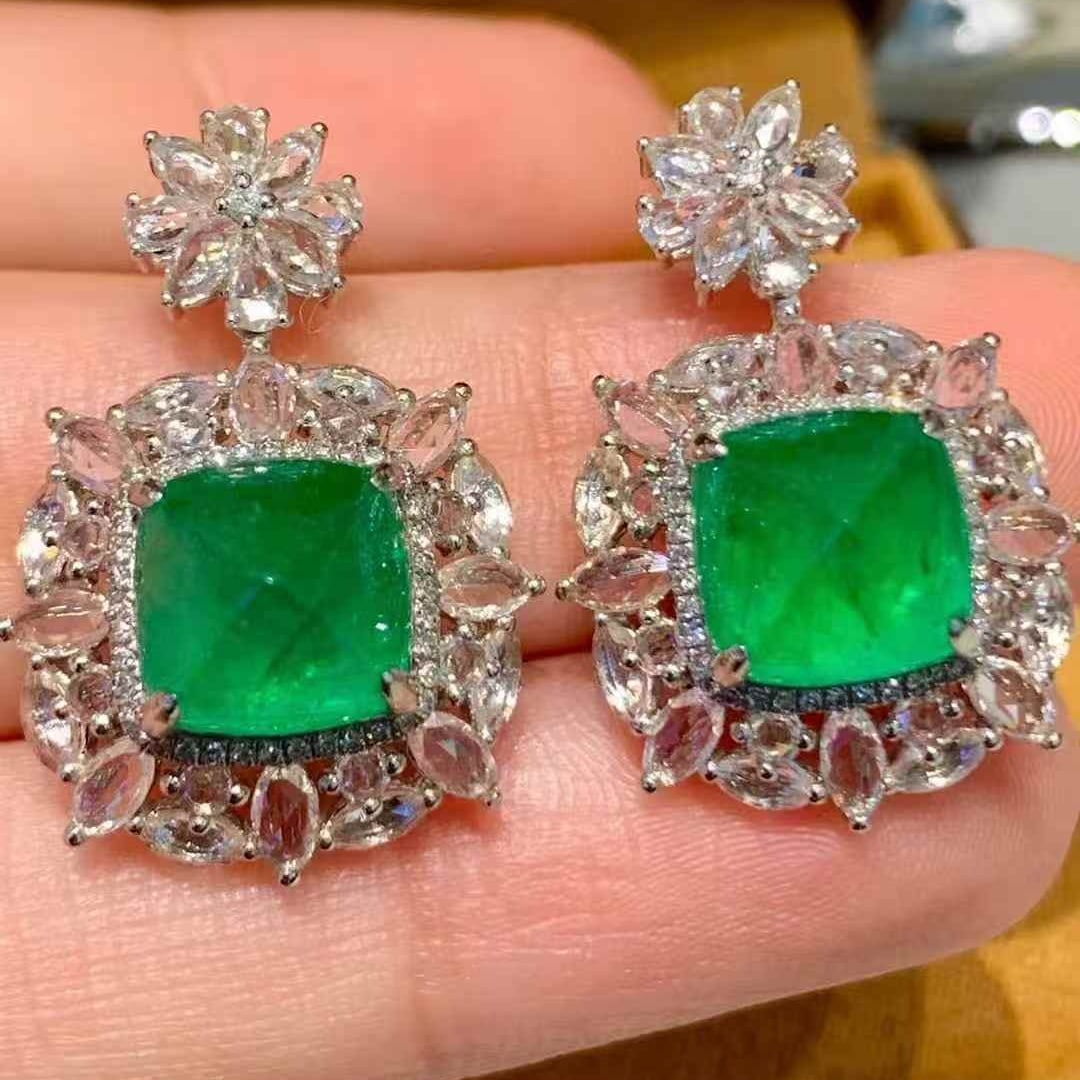 14k Gold 6.80 Ct Natural Emerald & Diamond & Sapphire Earrings - 4