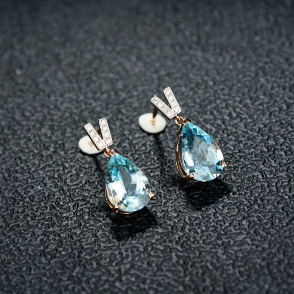 14k Gold 3.13 Ct Natural Aquamarine & Diamond Earrings - 2