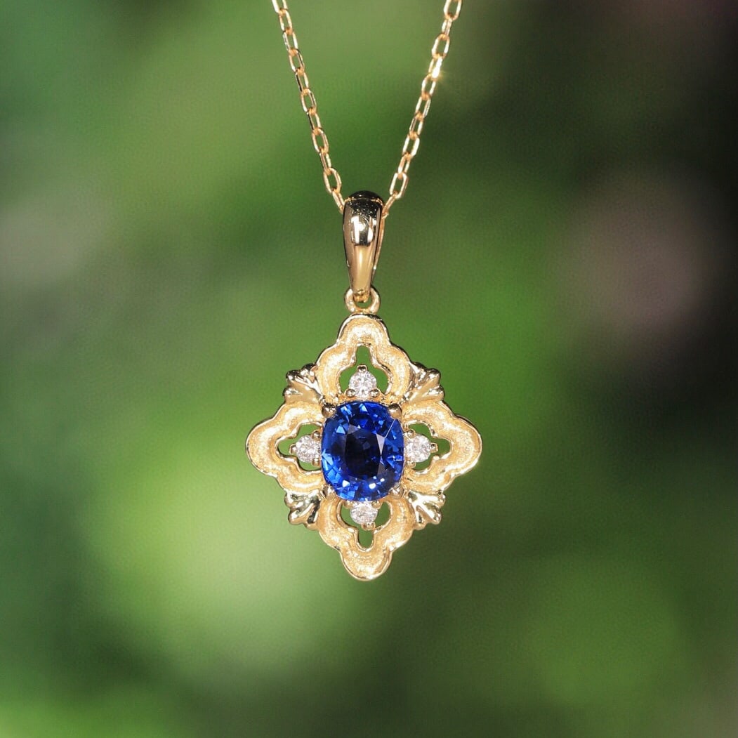 14k Gold 0.38 Ct Natural Sapphire & Diamond Pendant( Without Chain ): Ref:231107110 // gold content:14k gold // main gemstone:sapphire // shape:cushion // carat weight:0. 38ct // color:blue // treatment:natural // // adjacent gemstone 2 : diamond // shape:round //
