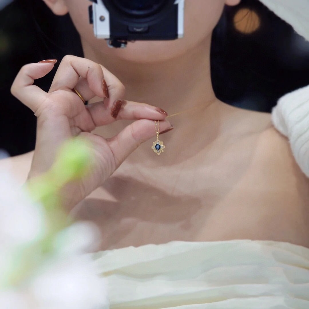 14k Gold 0.38 Ct Natural Sapphire & Diamond Pendant( Without Chain ) - 3