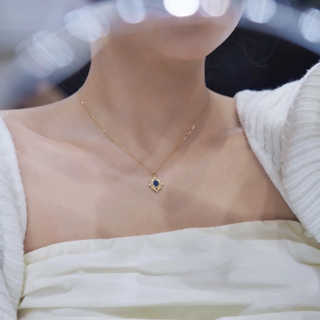 14k Gold 0.38 Ct Natural Sapphire & Diamond Pendant( Without Chain ) - 4