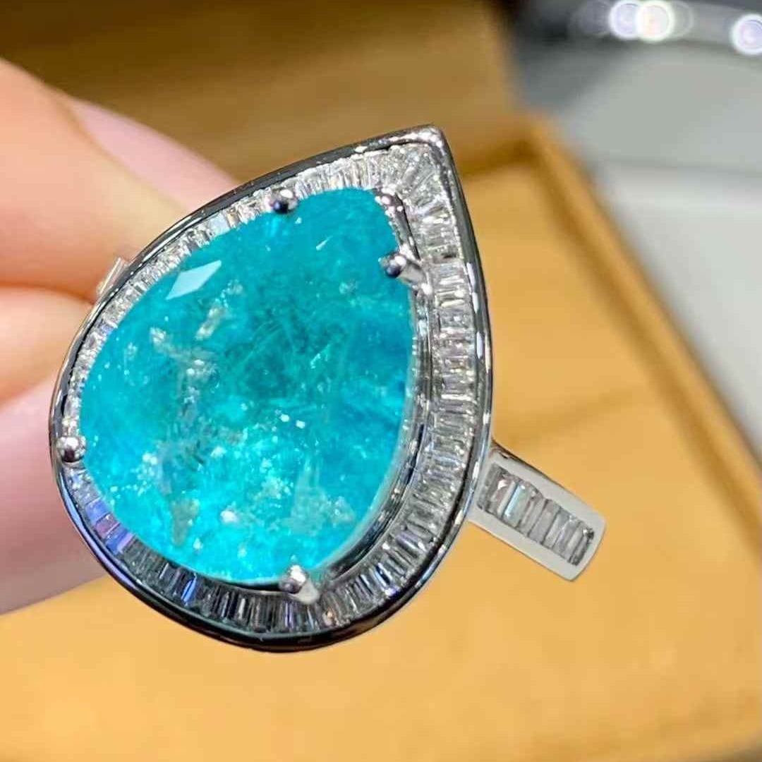 14k Gold 7.3 Ct Natural Paraiba Tourmaline & Diamond Ring - 2