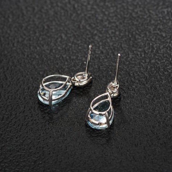 14k Gold 3.68 Ct Natural Aquamarine & Sapphire Earrings - 2