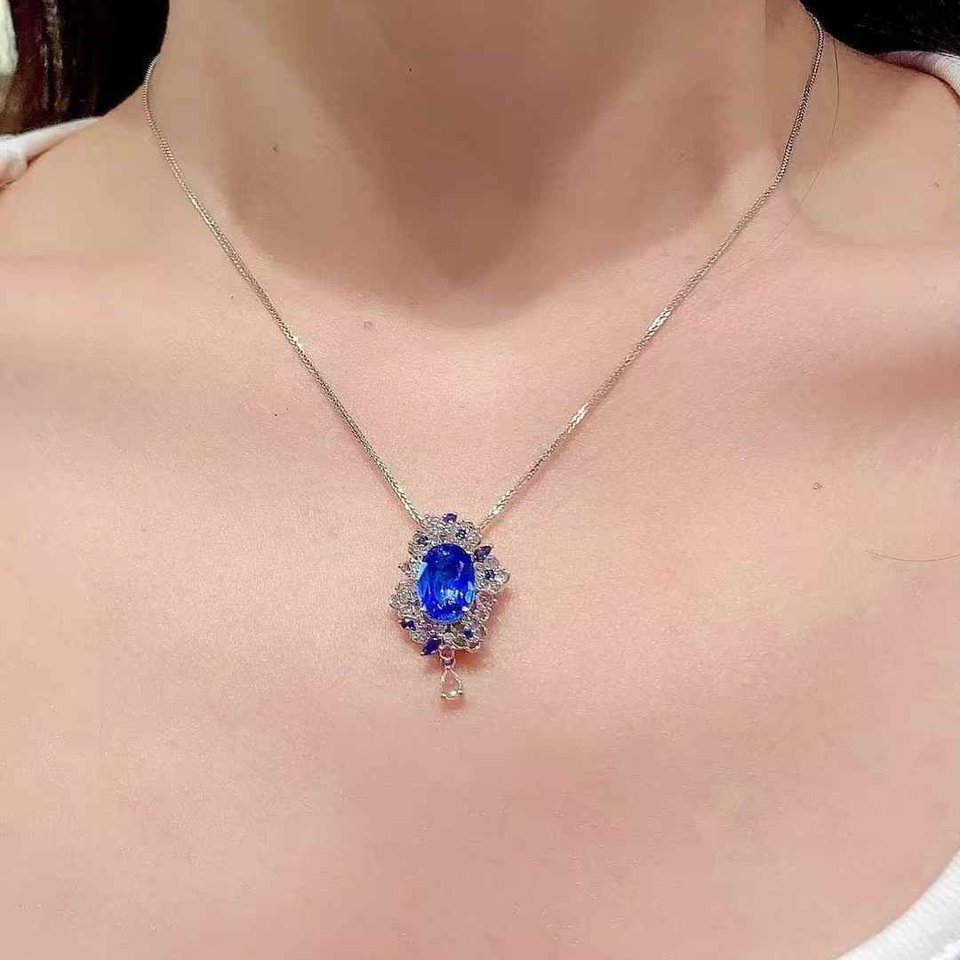 14k Gold 3.5 Ct Natural Sapphire & Diamond Pendant( Without Chain ) - 6