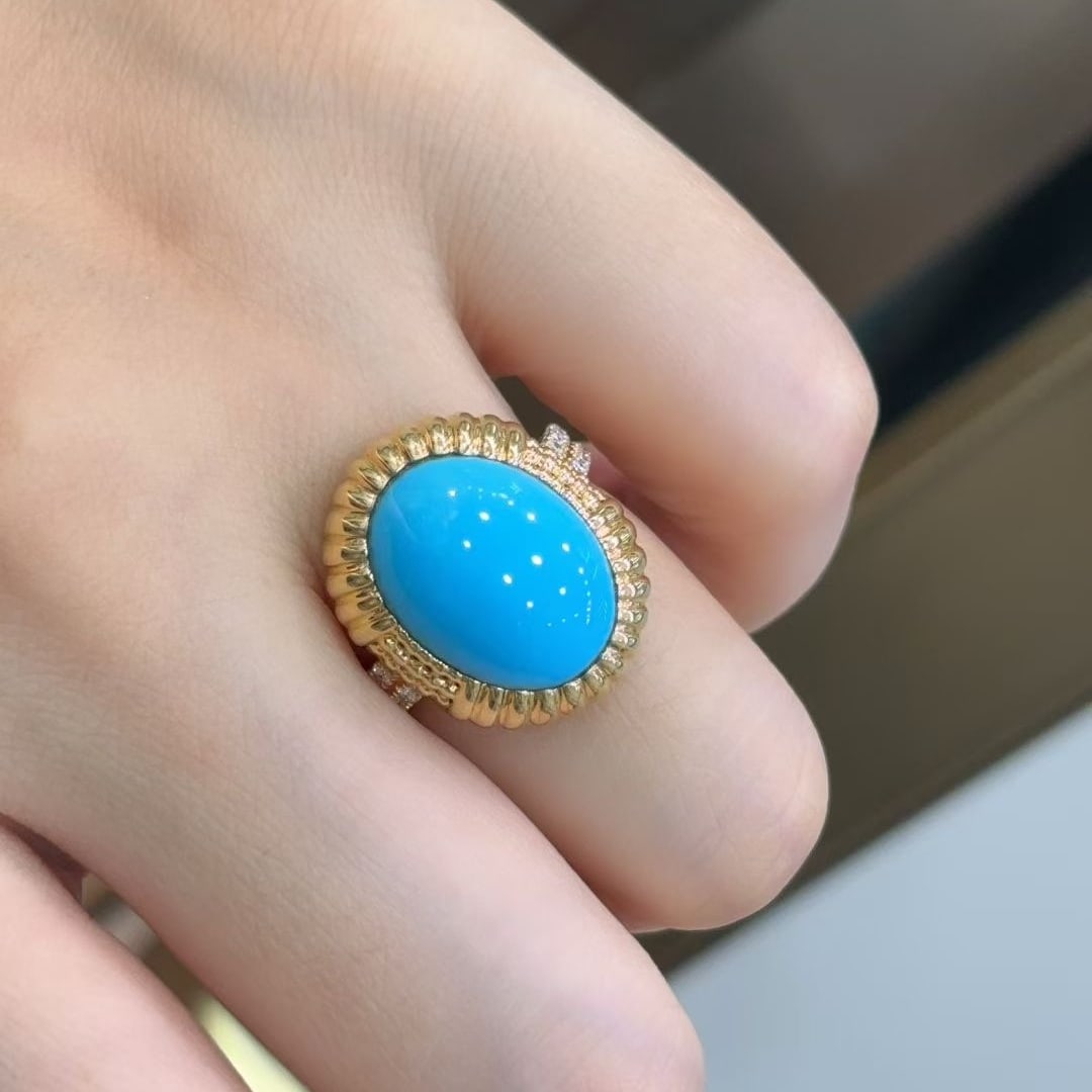 14k Gold 5.95 Ctw Natural Blue Turquoise & Diamond Ring - 5