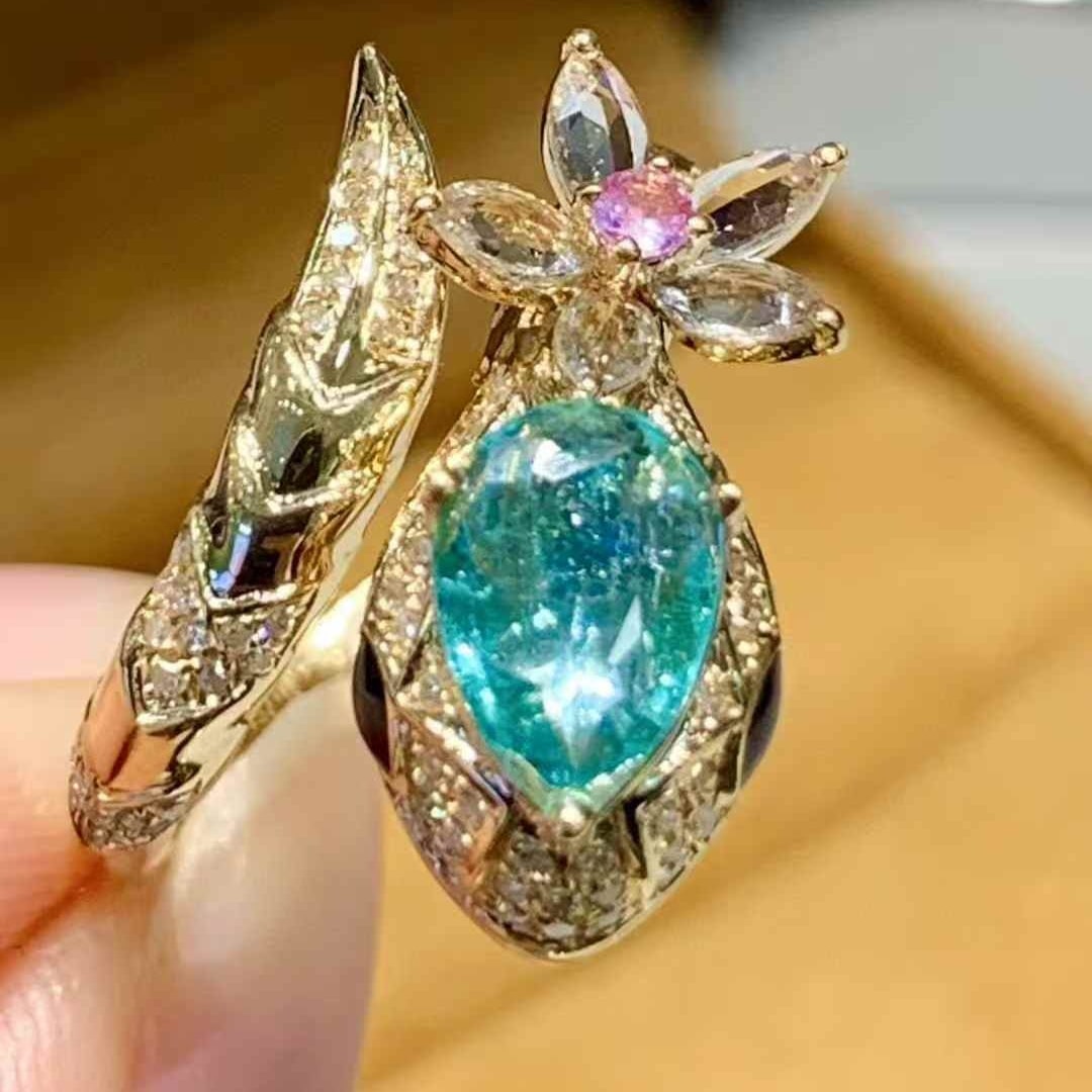 14k Gold 0.7 Ct Natural Paraiba Tourmaline & Diamond Ring - 2