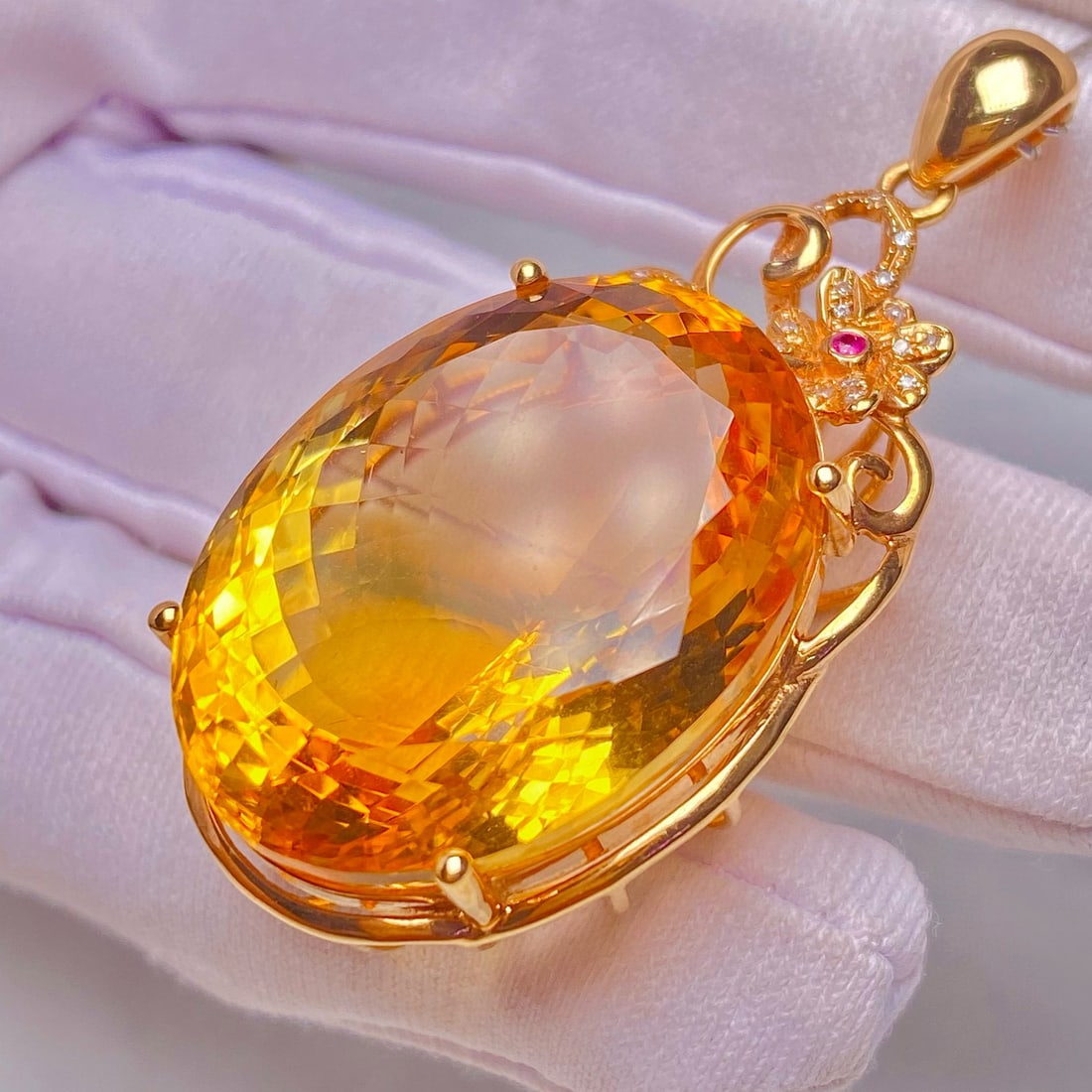 14k Gold 38.9 Ct Natural Citrine & Diamond Pendant( Without Chain ) - 2