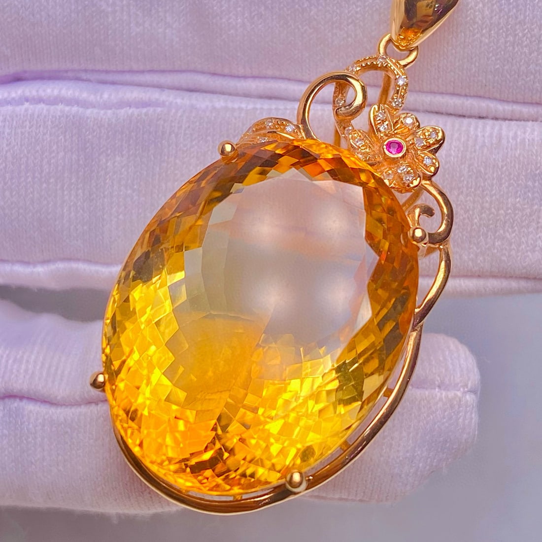 14k Gold 38.9 Ct Natural Citrine & Diamond Pendant( Without Chain ) - 3