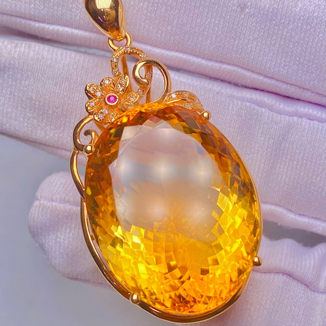 14k Gold 38.9 Ct Natural Citrine & Diamond Pendant( Without Chain ) - 4