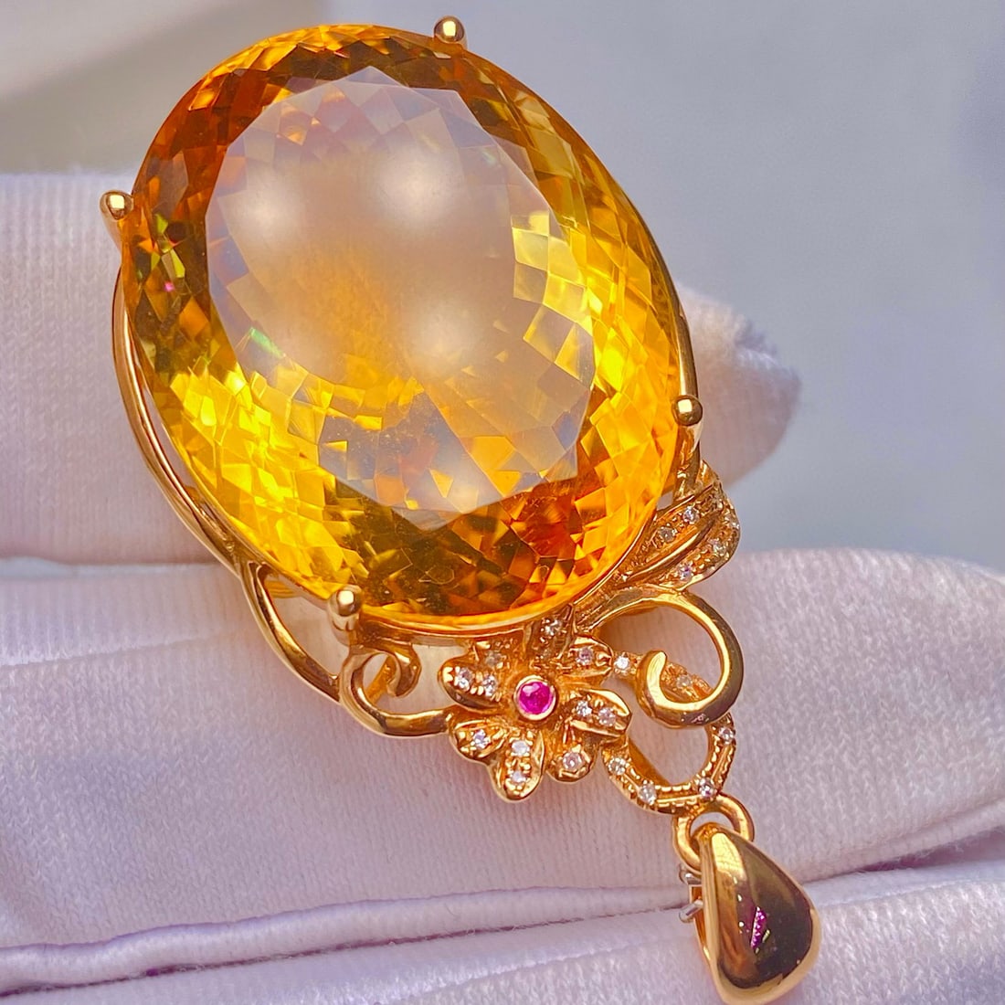 14k Gold 38.9 Ct Natural Citrine & Diamond Pendant( Without Chain ) - 5