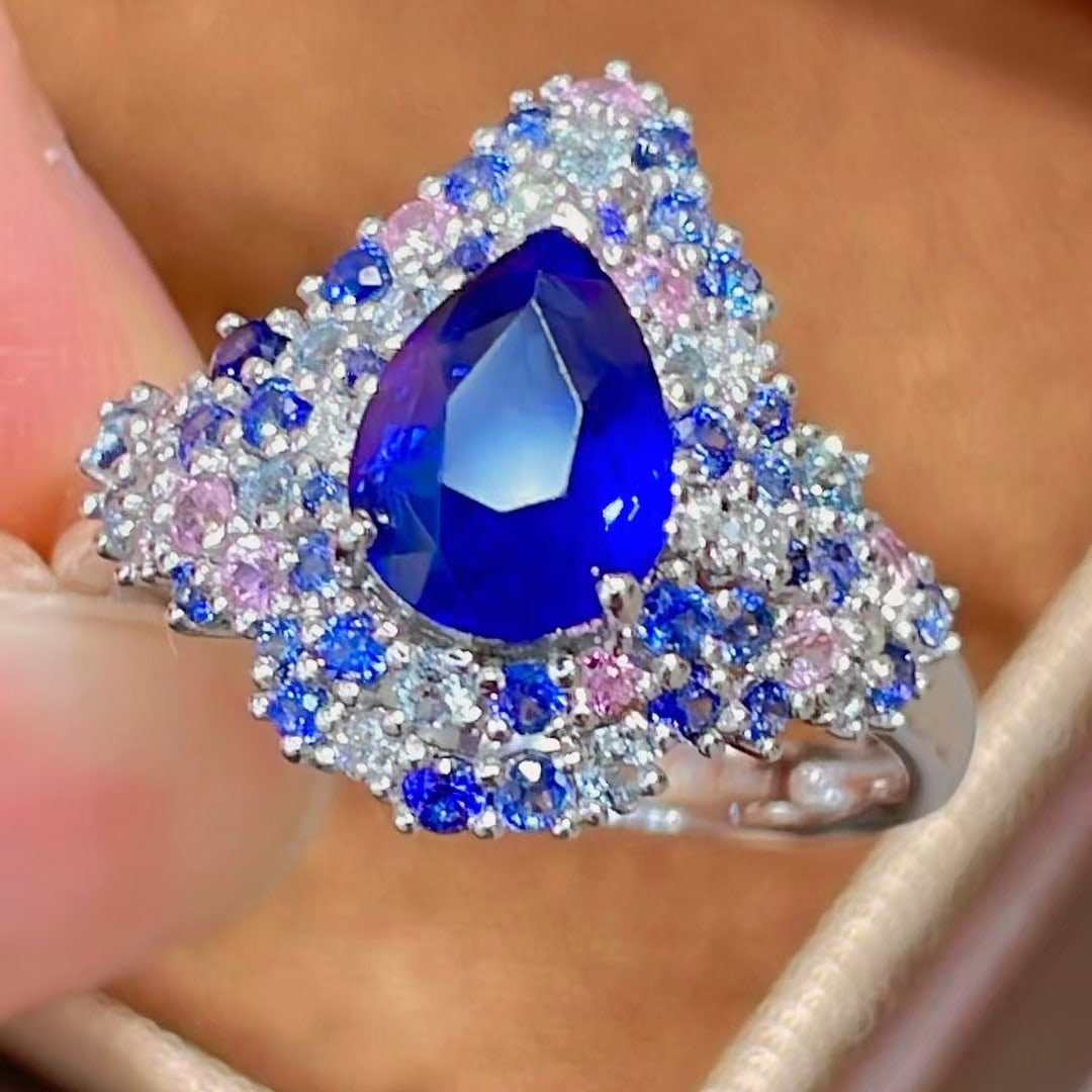 14k Gold 1.59 Ct Natural Sapphire & Diamond & Sapphire Ring - 4