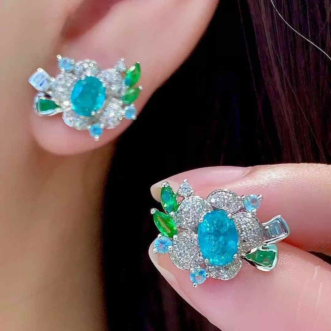 14k Gold 1.1 Ct Natural Paraiba Tourmaline & Diamond Earrings - 3