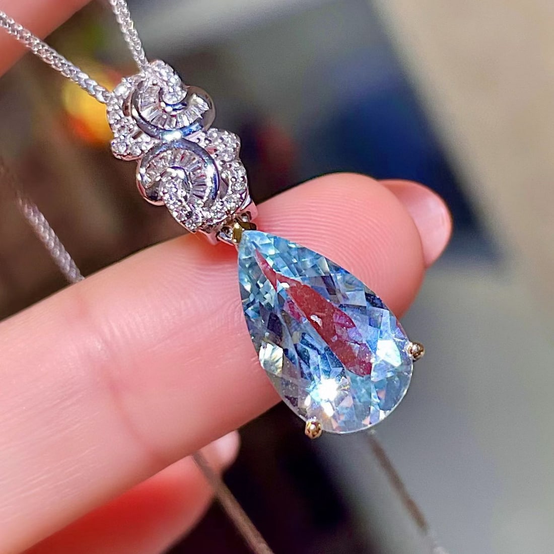 14k Gold 3.95 Ctw Natural Aquamarine & Diamond Pendant( Without Chain ) - 2