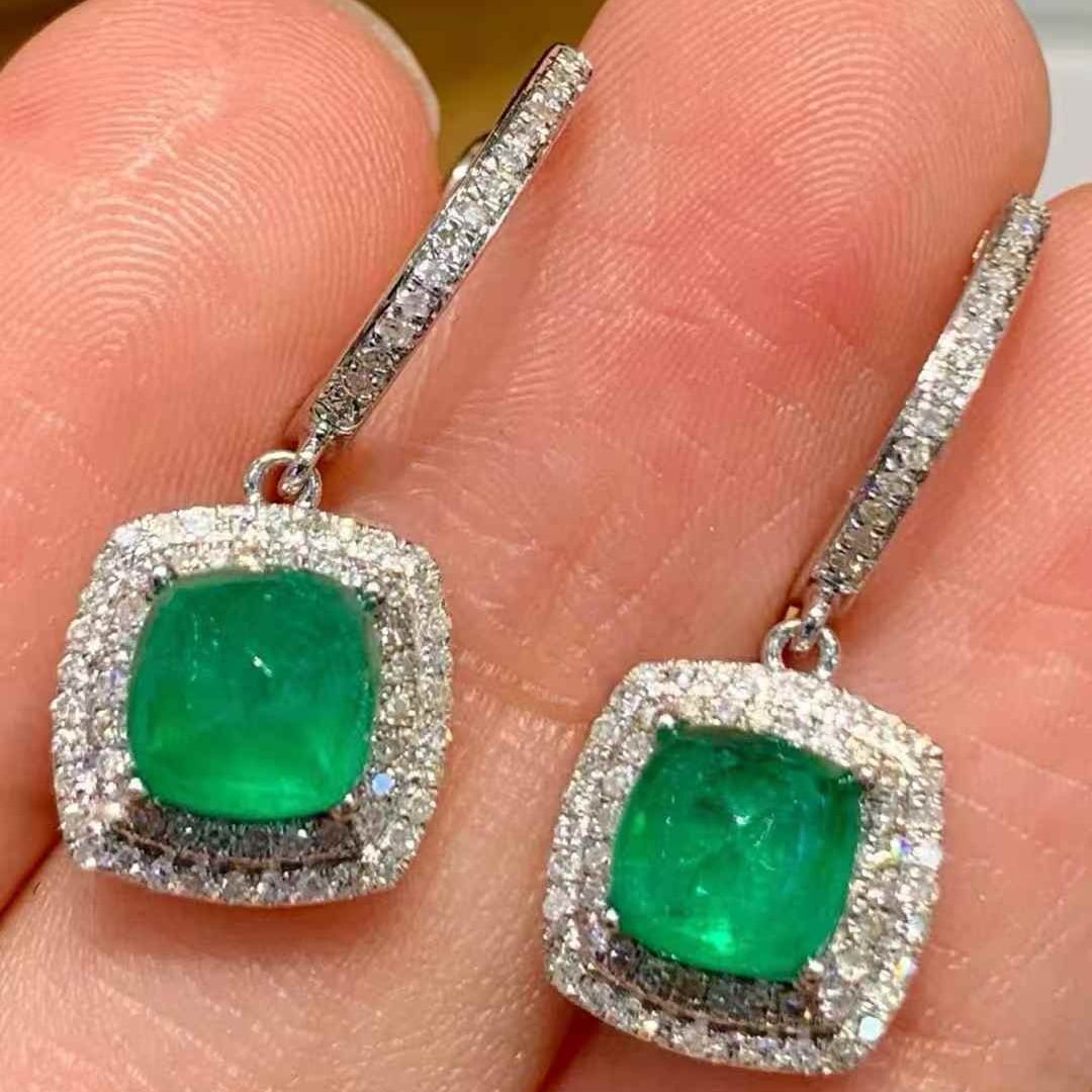 14k Gold 2.3 Ct Natural Emerald & Diamond Earrings - 4