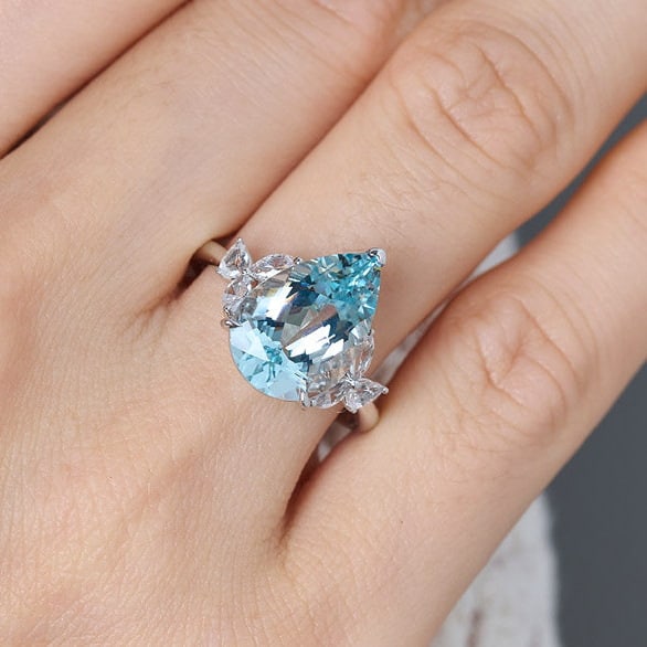 14k Gold 4.71 Ctw Natural Aquamarine & Sapphire Ring - 9