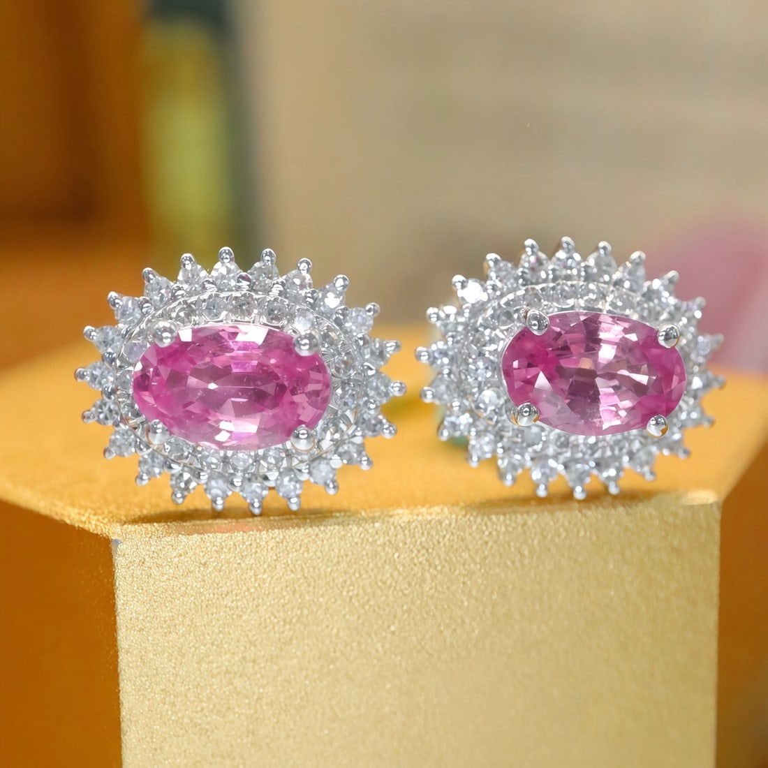 14k Gold 1.33 Ctw Natural Padparadscha Sapphire & Diamond Earrings - 2