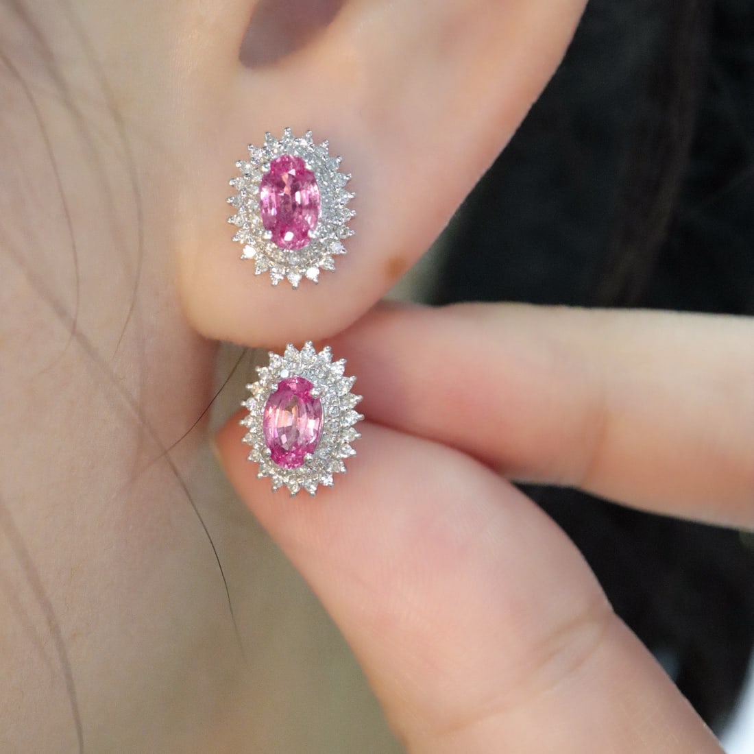 14k Gold 1.33 Ctw Natural Padparadscha Sapphire & Diamond Earrings - 5