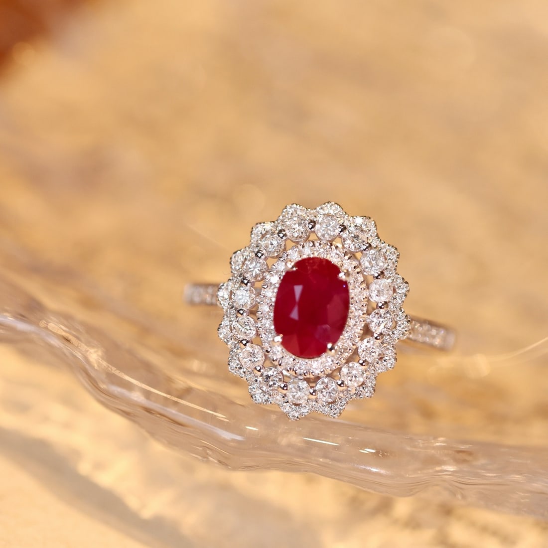 14k Gold 2.09 Ctw Vivid Red Natural Ruby & Diamond Ring: Ref:231108069 // gold content:14k gold // ring size:7. 25us // // main gemstone:ruby // shape:oval // carat weight:1. 34ct // color:vivid red // treatment:natural // // adjacent gemstone 2 :