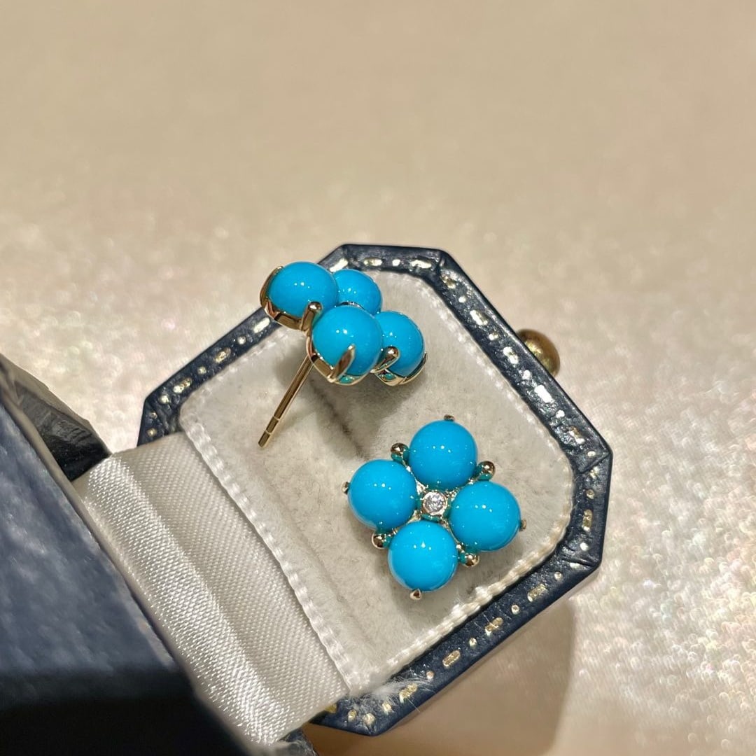 14k Gold 5 Ct Natural Blue Turquoise & Diamond Earrings - 2